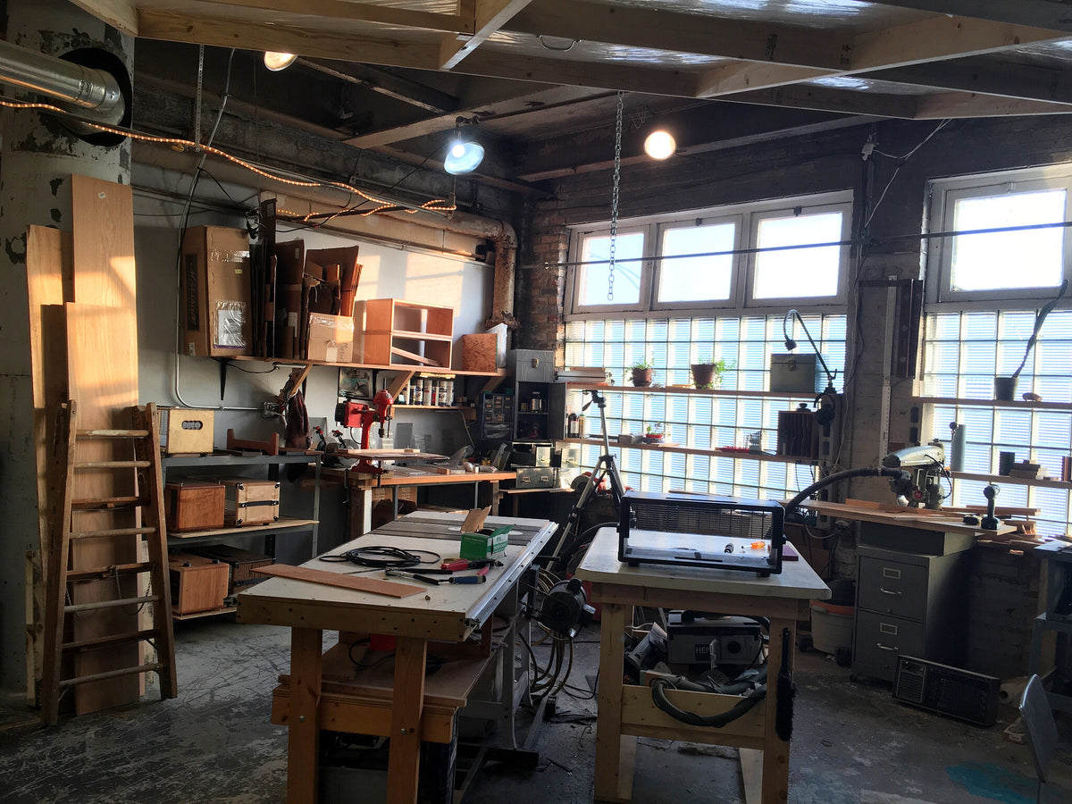 workspace Dean Costello Audio DCA Chicago dawn the golden hour beautiful workspace workshop artist craftsman maker small run headcases cherry oak ash walnut cherry delta table saw