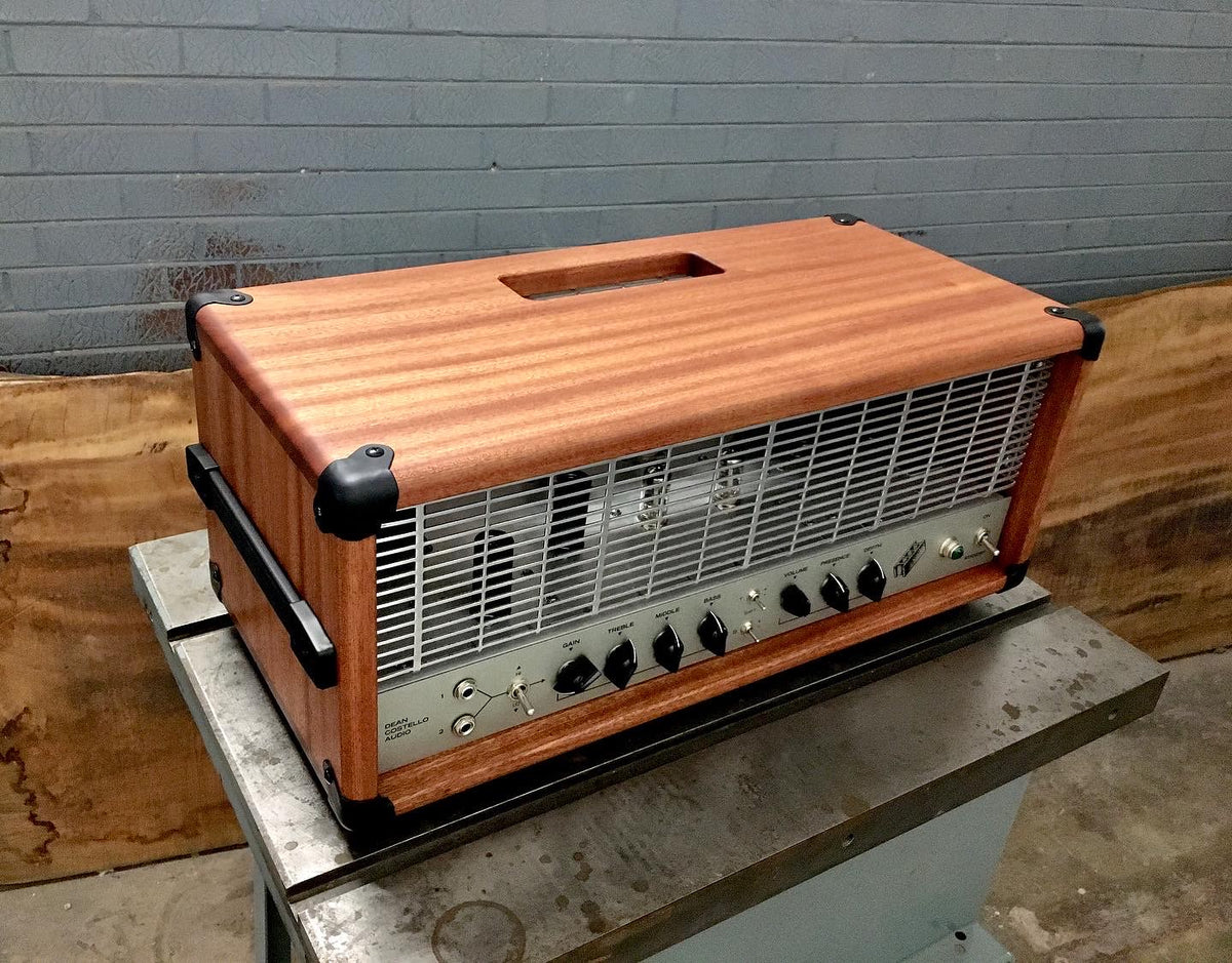 DCA HMW Dean Costello Audio Heavy Metal warfare tube amp audio handmade amplifier Sapele wood woodshop workspace 6CA7 HANDMADE amp made in USA
