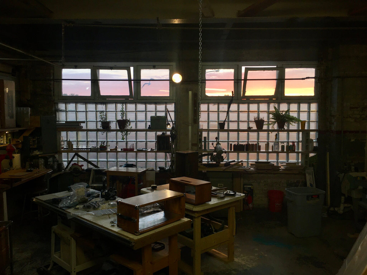 Workspace sunset beautiful golden hour DCA HMW heavy metal warfare Dean Costello Audio Chicago crafstman worker manufacturer manufacturing industrial hard work