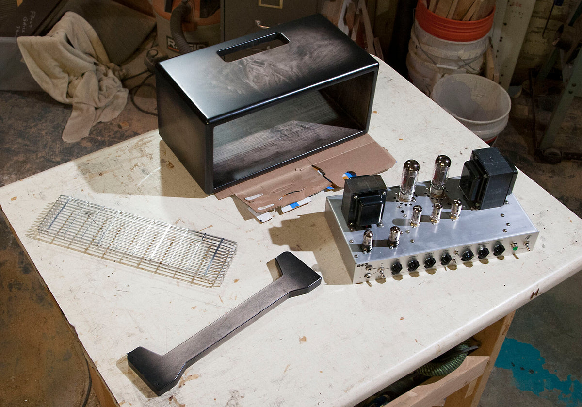 DCA HMW Dean Costello Audio deconstructed tube amp heavy metal warfare 6CA7 12ax7 woodshop handmade amp woodworker electronics lab blackburst assembly