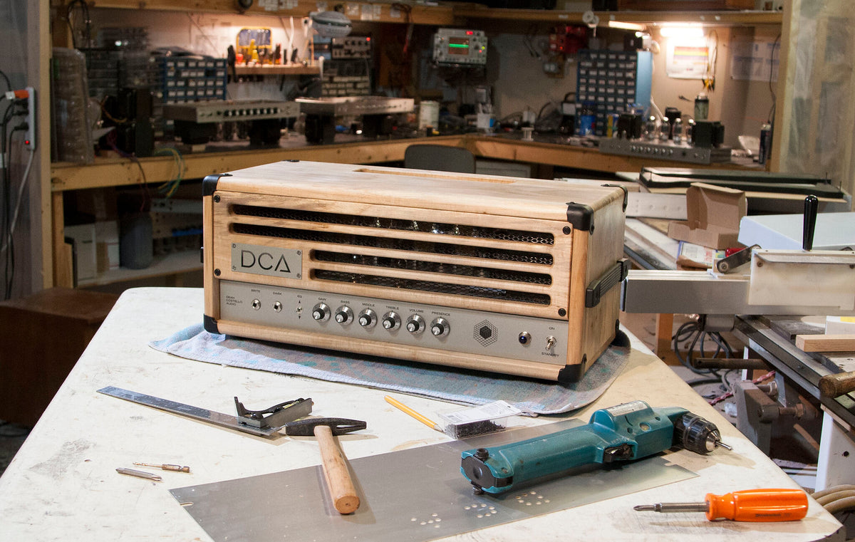 DCA templates guitar amp guitarist workspace woodshop pedal platform spalted maple kt88 12ax7 makita drill handmade electronics lab small maker combination square tektronix 465b fluke heathkitt