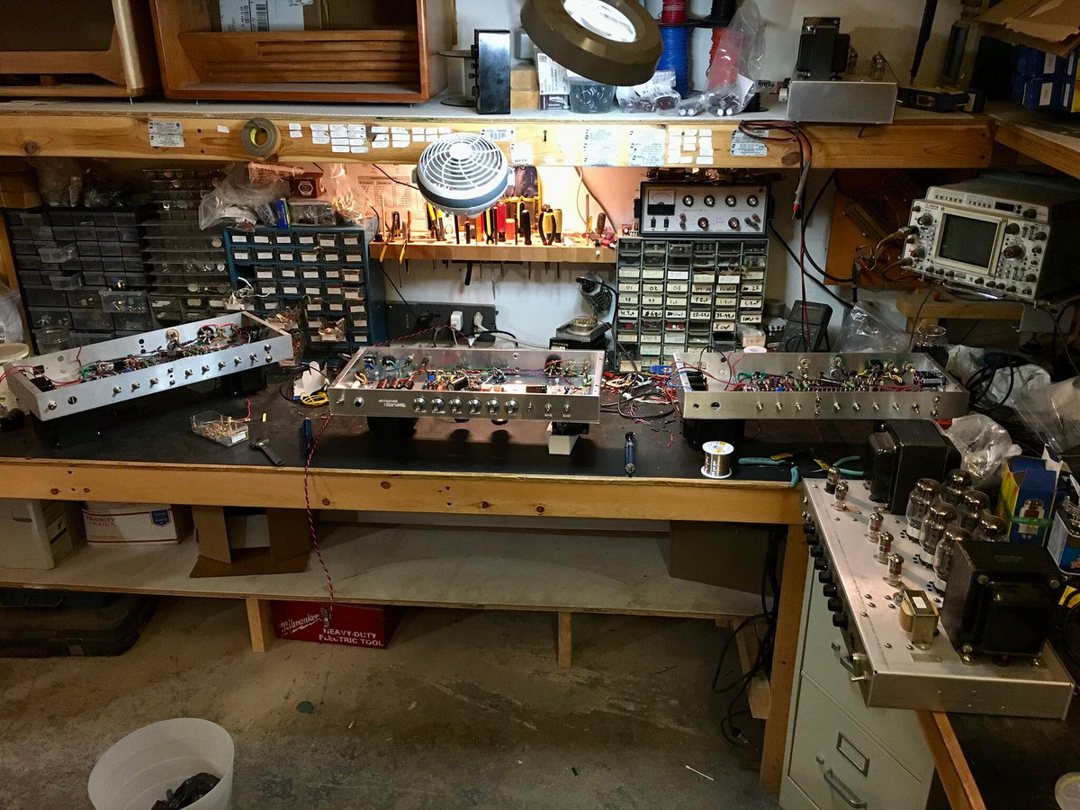 workspace electonics lab laboratory handmade small batch  amplifiers amps amp amplifier Tektronix 465B heathkitt Fluke resistor capacitor DCA HMW black mark templates heavy metal warfare Dean Costello Audio Chicago