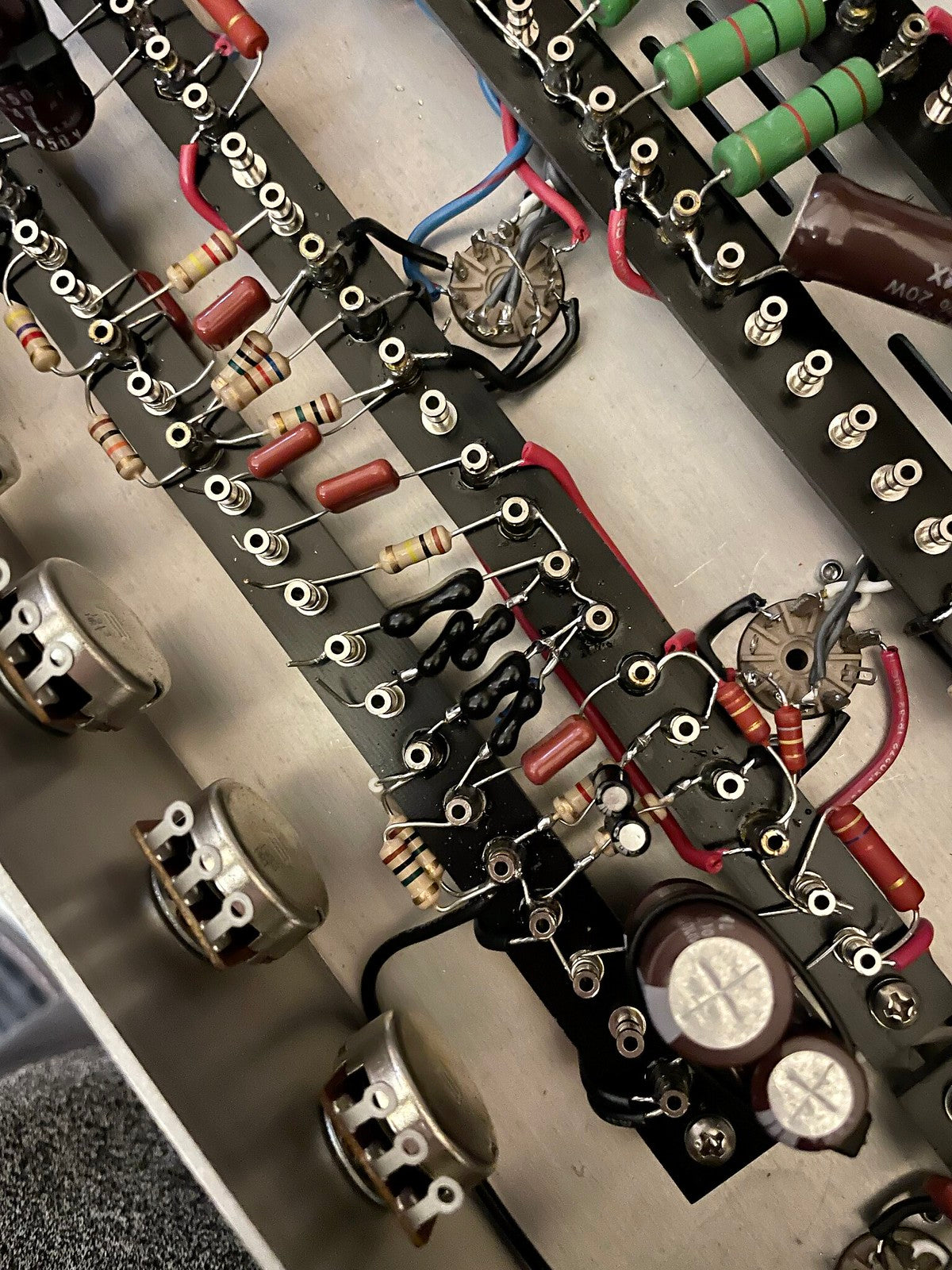 Turret strip handmade hardwired tube audio electronics golden era golden age of electronics DCA Dean Costello Audio capacitor resistor Bourns potentiometers