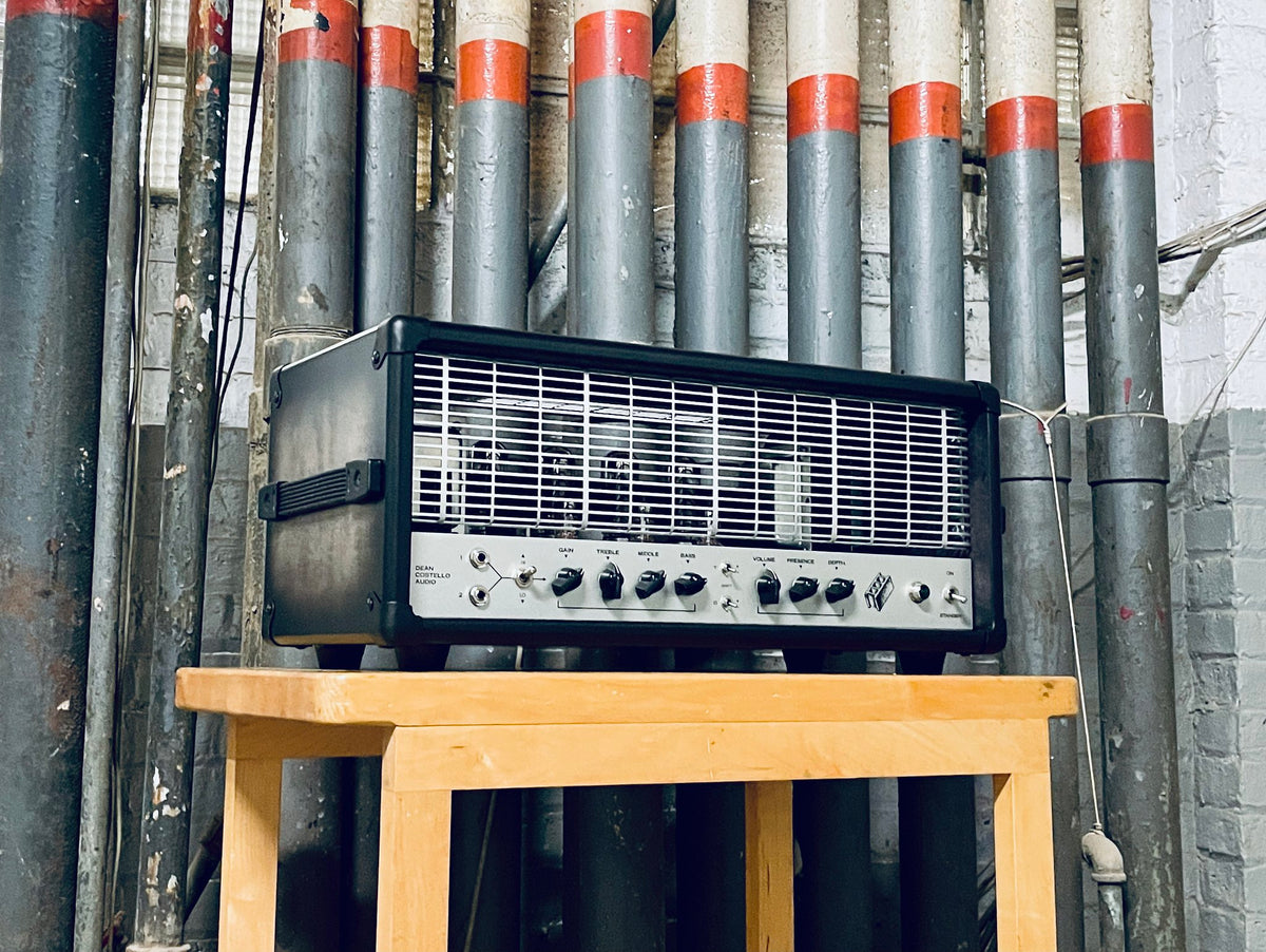 DCA HMW Dean Costello Audio heavy metal warfare tube amp head amplifier Chicago industrial pedal platform high gain black burst 6ca7 12ax7 handmade workspace woodshop