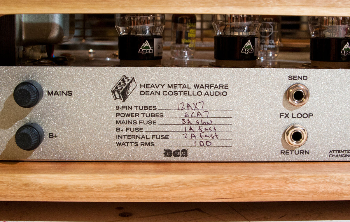 DCA HMW dean Costello audio heavy metal warfare high gain guitar amp amplifier head 6ca7 12ax7 handmade Chicago fuse holder fx loop 100W back panel tube amp