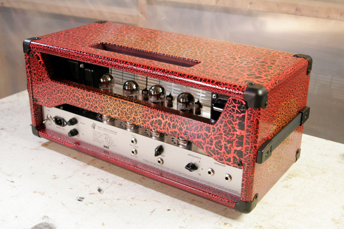 Back view DCA Heavy Metal warfare amp custom paint job crackle finish Charvel Model 6 inspired handmade amp amplifier Chicago Made in USA Dean Costello Audio