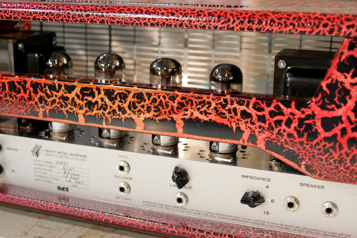 HMW crackle back panel 6ca7 power tubes Dean Costello Audio Heavy metal warfare detail shot FX loop impedance selector switch crackle paint job inspired by Charvel Model 6