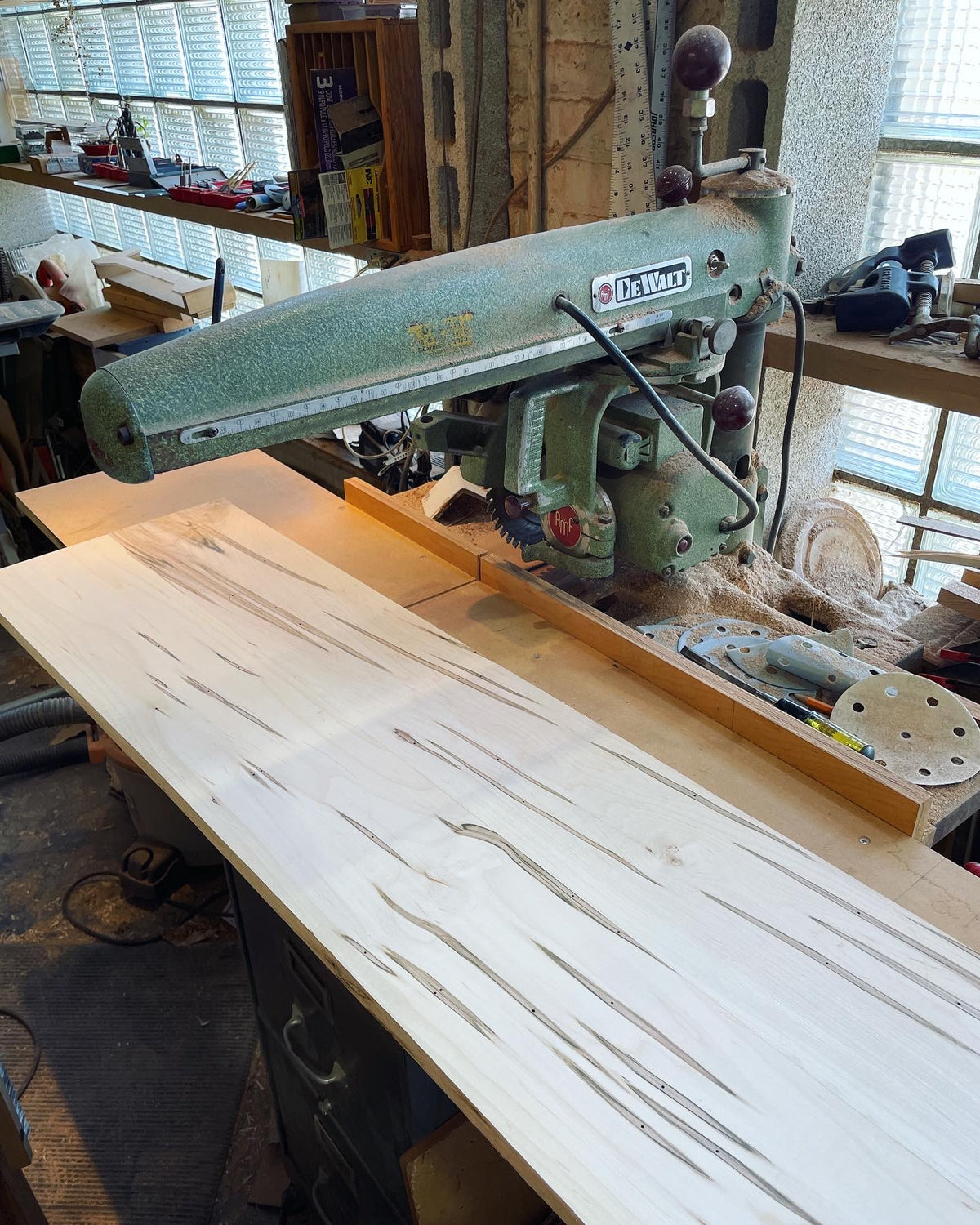 Dewalt Radial Arm Saw American Machine and Foundry AMF 1956 ambrosia maple woodshop woodworker