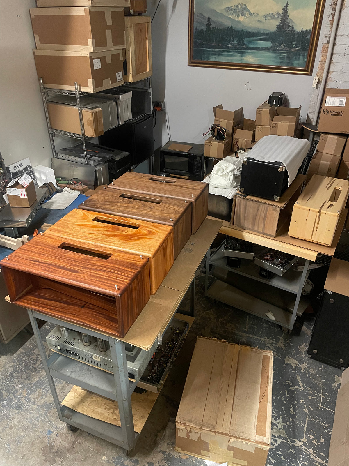 Storage transformers chassis headcases ambrosia maple mahogany African mahogany dye brown walnut dyed black Dean Costello Audio handmade amp DCA