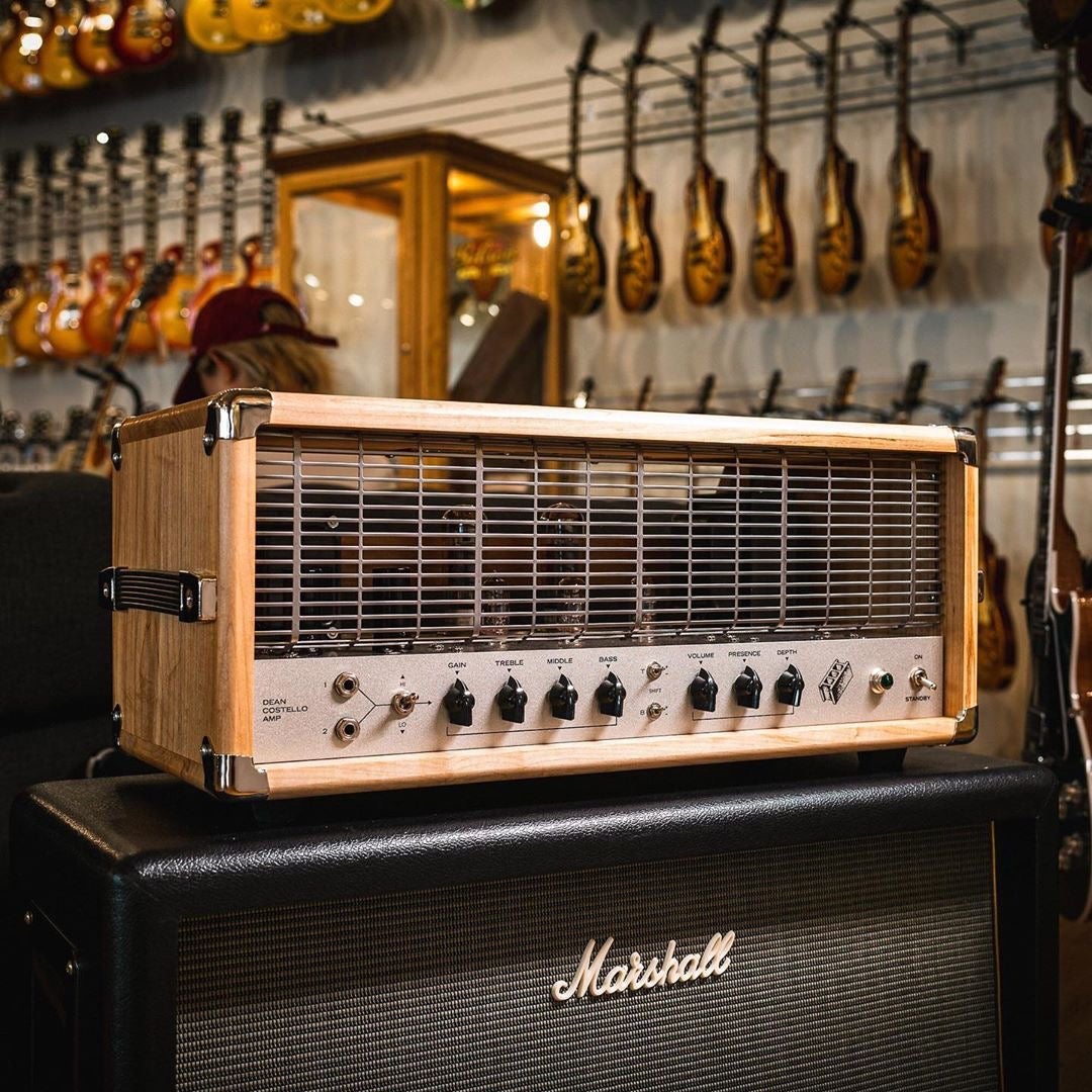 Chicago music exchange CME guitar shop music les Paul Gibson PRS Paul reed smith tube amp guitar amp handmade amplifier 6ca7 retail 12ax7 Marshall 4x12 vintage audio DCA HMW Dean Costello Audio heavy metal warfare high end audio amplifier amplifiers pro professional