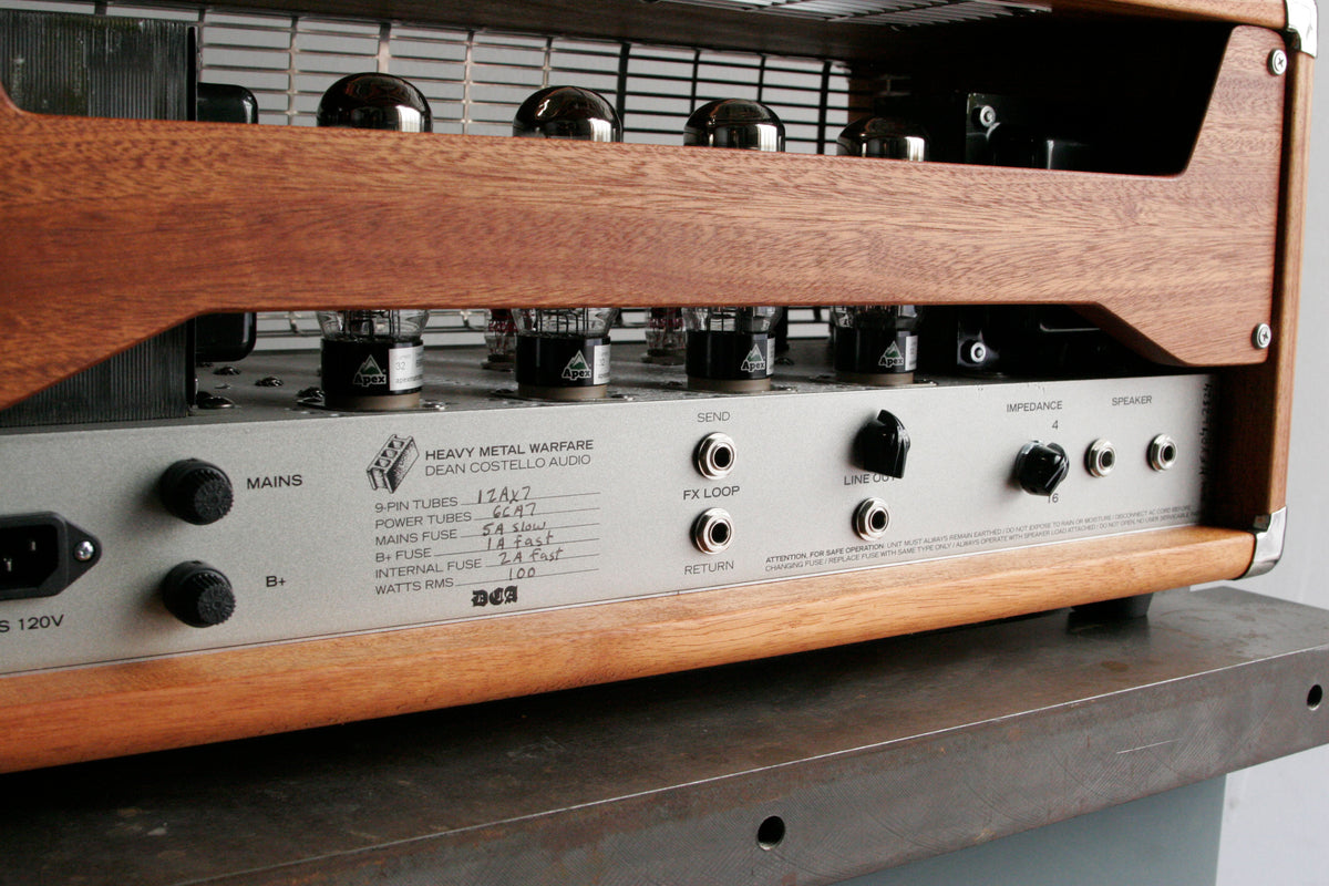 DCA HMW Heavy metal warfare amplifier mahogany headcases back panel FX loop impedance selector 6ca7 power tubes handmade in Chicago light industrial