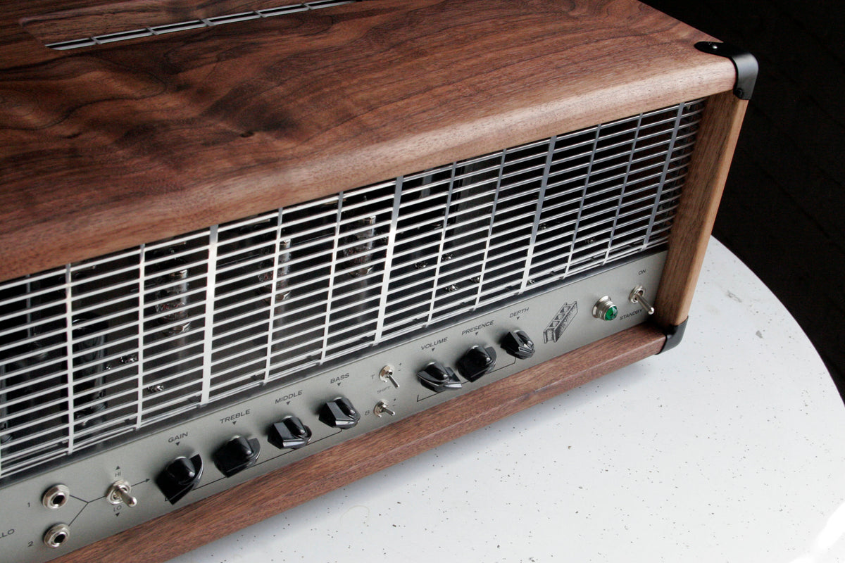 DCA HMW Heavy metal warfare Dean Costello Audio walnut close up product image high gain amp amplifier pedal platform handmade in Chicago