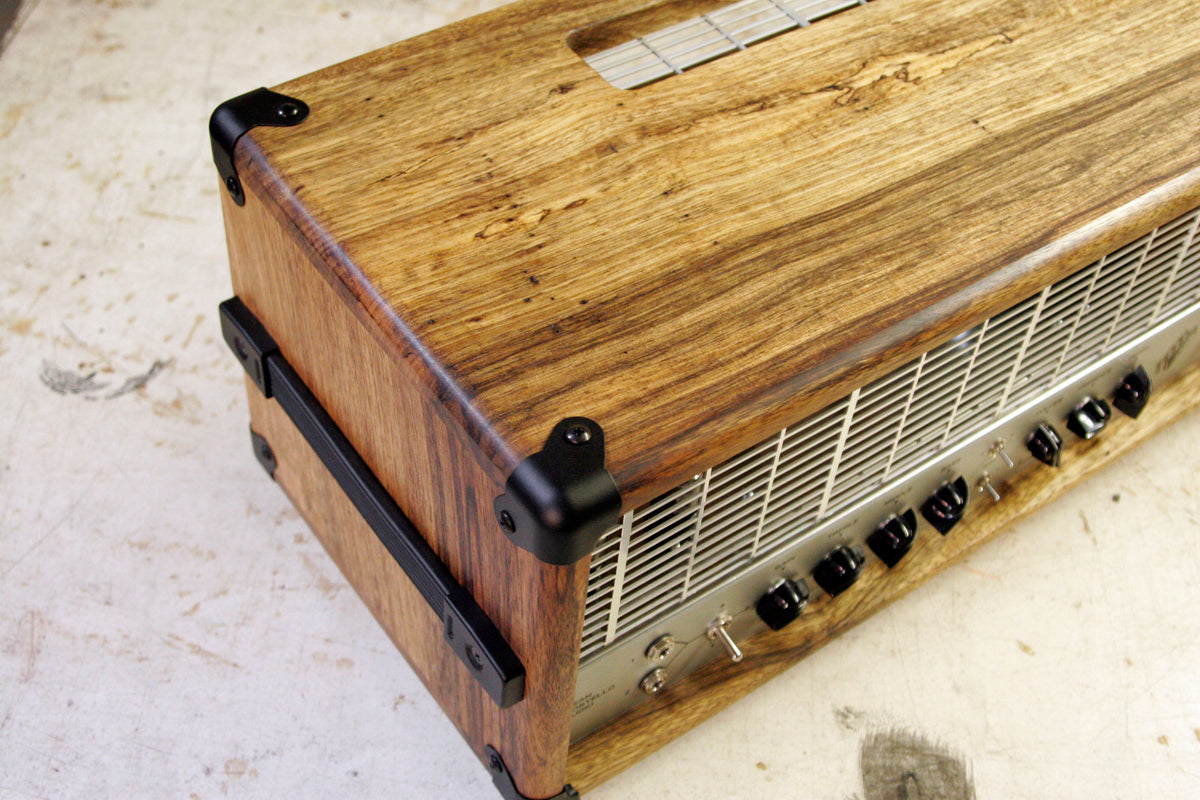DCA HMW black limba headcases close up photo wood grain beautiful wood Dean Costello Audio handmade amp Chicago