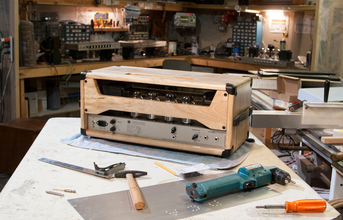 Dean Costello Audio workspace Templates amp makita drill from the 90s electronics lab with tektronix 465b in the background pedal platform amp amplifier DCA spalted maple headcase