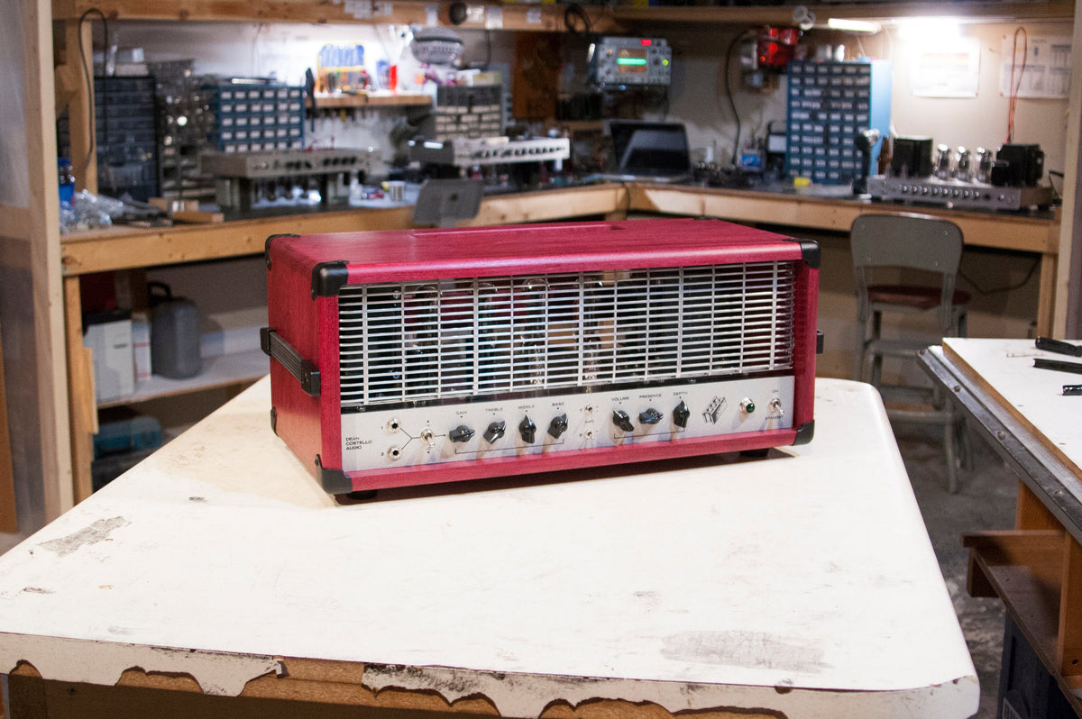 DCA HMW Dean Costello Audio Heavy Metal Warfare amplifier 6CA7 12ax7 tube amp handmade audio purpleheart headcase electronics lab tektronix 465B Fluke multimeter high gain head